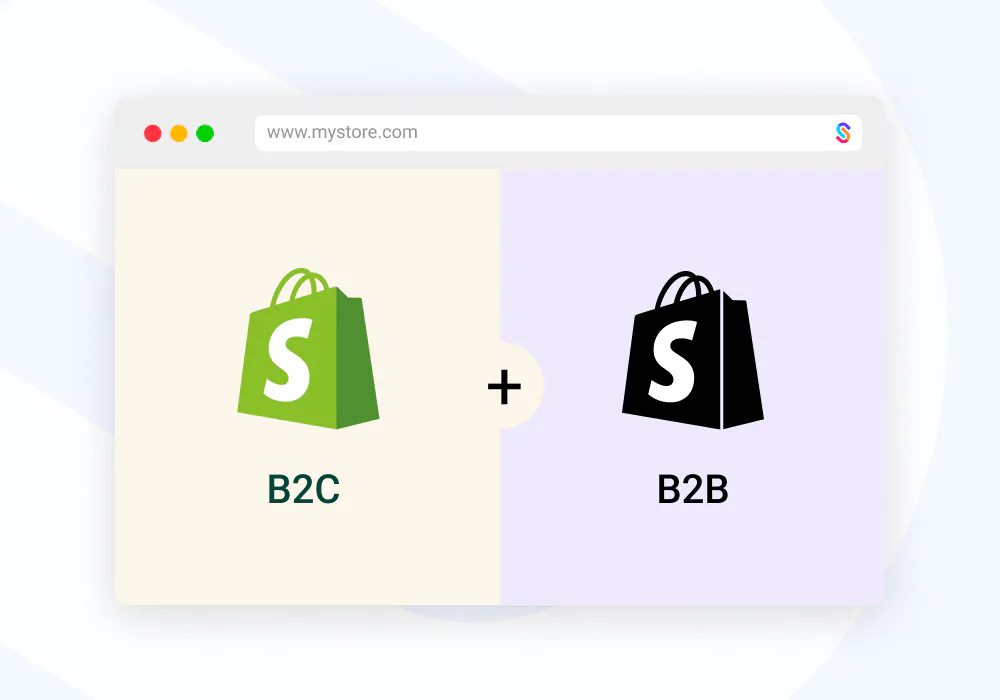 Diagram of a hybrid store: retail (B2C) and B2B on one Shopify store at the same web address
