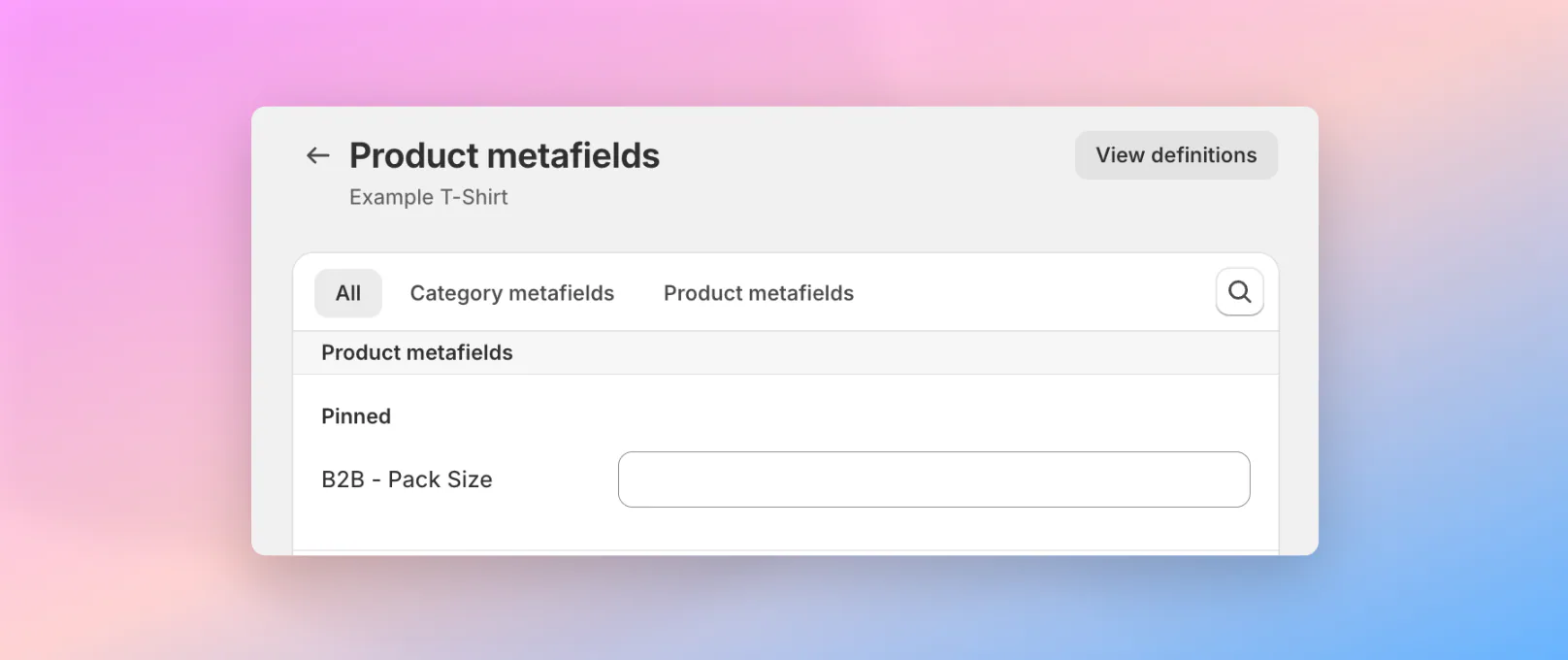 SparkLayer metafields pinned in Shopify's custom data settings